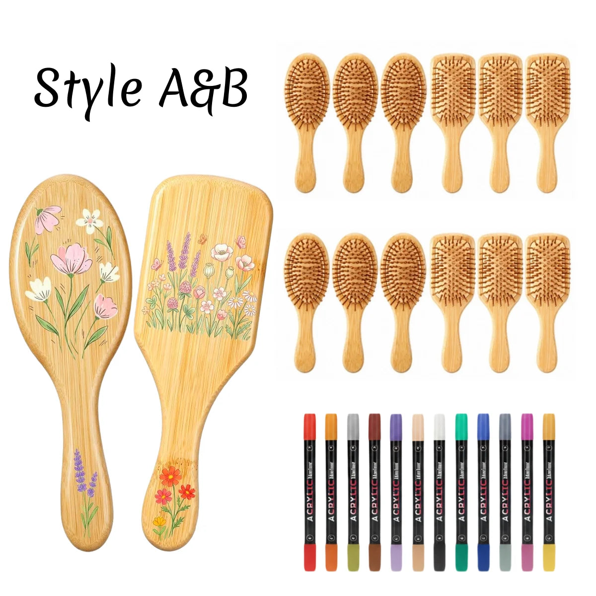 DIY Wooden Hairbrush Painting Kit Multicolor Pens Set