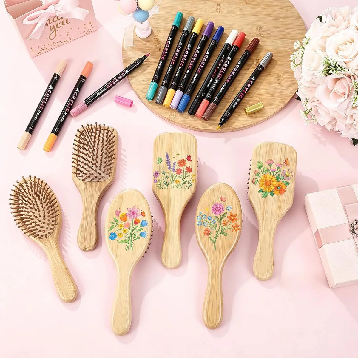 DIY Wooden Hairbrush Painting Kit Multicolor Pens Set