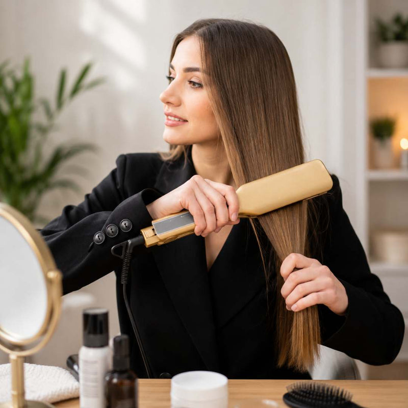 A woman with long, straight brown hair uses a gold and black flat iron to style her hair, standing in a bright, modern room with a mirror and hair care products on a table.